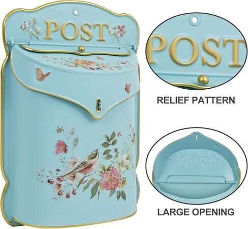 Wall Mount Mailbox for Outside House Vintage Metal Door Mailbox Antique Style Vintage English Cottage Decor Nostalgic Charm Home Decor Garden Flower Patter Decorative Boxes (Blue) in Saudi Arabia