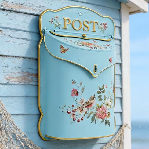 Wall Mount Mailbox for Outside House Vintage Metal Door Mailbox Antique Style Vintage English Cottage Decor Nostalgic Charm Home Decor Garden Flower Patter Decorative Boxes (Blue) in Saudi Arabia