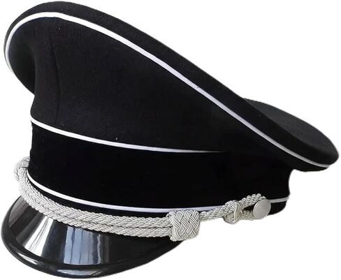قبعة ضابط من الصوف على الطراز العسكري - قبعة سوداء من Elite Visor Crusher بحبل فضي - 61 سم (الولايات المتحدة 7 5/8) - نسخة مستنسخة من الجيش الألماني في الحرب العالمية الثانية in Kuwait