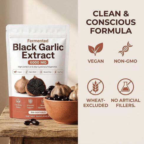 Fermented Black Garlic Extract - 300 Softgels, Odorless Aged Black Garlic Organic Supplement, Daily Wellness Formula for Immune & Digestive Support, Vegan, Non-GMO & Gluten-Free in Saudi Arabia