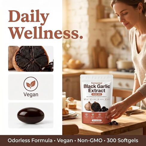Fermented Black Garlic Extract - 300 Softgels, Odorless Aged Black Garlic Organic Supplement, Daily Wellness Formula for Immune & Digestive Support, Vegan, Non-GMO & Gluten-Free in Saudi Arabia