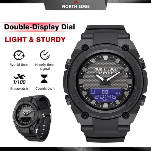 NORTH EDGE Fortress Analog Digital Watch for Men, Tactical Sports Watch with World Time, Stopwatch, Countdown Timer, Alarm, LED Backlight, 5ATM Water Resistant, Easy-Read 46mm Watch in Saudi Arabia