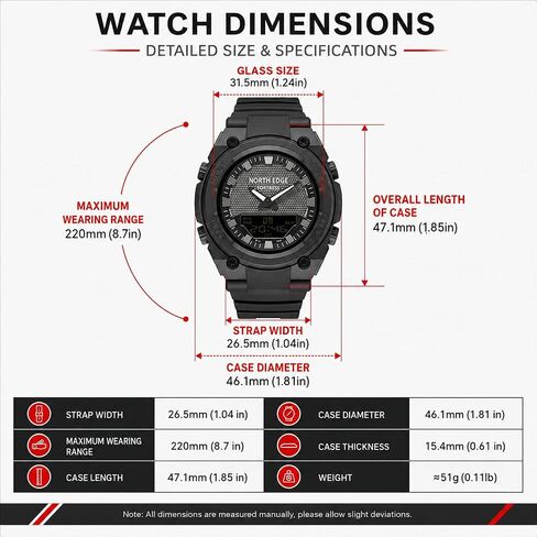 NORTH EDGE Fortress Analog Digital Watch for Men, Tactical Sports Watch with World Time, Stopwatch, Countdown Timer, Alarm, LED Backlight, 5ATM Water Resistant, Easy-Read 46mm Watch in Saudi Arabia