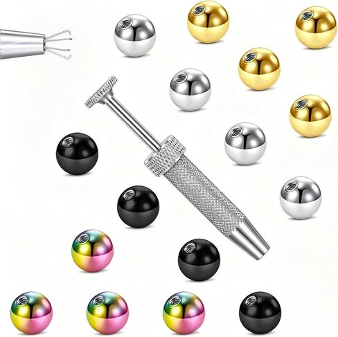 FECTAS 16PCS Replacement Balls for 16G 14G Curved Barbells with 1 Piercing Tool, 3mm & 5mm Stainless Steel Piercing Parts in Kuwait