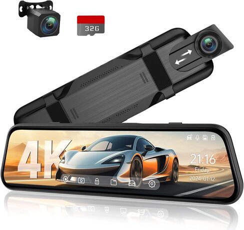 4K Rear View Mirror Camera, 10'' Mirror Dash Cam with 1080P Rear Camera, Dash Cam Front and Rear for Car with Voice Control, 24H Parking Mode, Night Vision, 32GB SD Card Included in Kuwait
