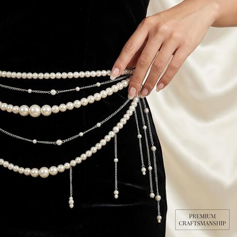 Layered Pearl Waist Chain for Women, Elegant Pearl Body Chain with Tassel Design, Adjustable Fashion Pearls Belt Jewelry for Dress, Beach Outfit, Festival Styling, Wedding Party Waist Accessory in Saudi Arabia