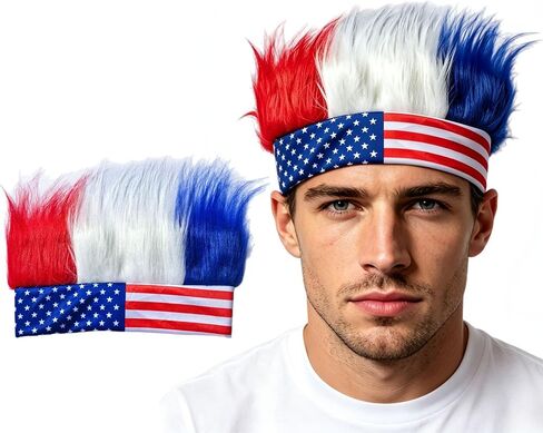 Patriotic Hairy Headband for Adults, 4th of July Hair Accessories USA Wig Hat Red White Blue Headbands for Memorial Day in Kuwait