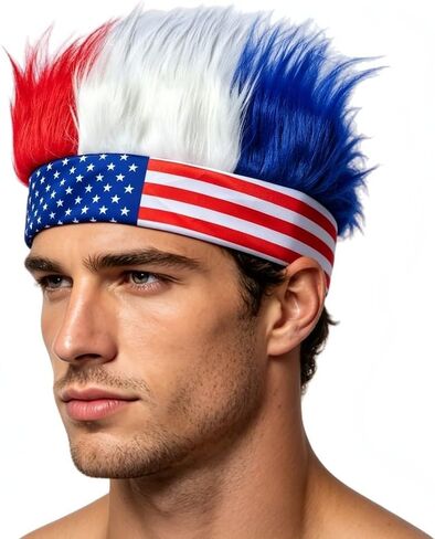 Patriotic Hairy Headband for Adults, 4th of July Hair Accessories USA Wig Hat Red White Blue Headbands for Memorial Day in Kuwait