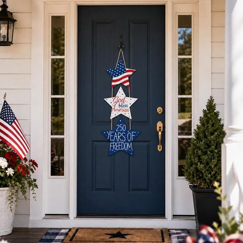 4th of July Patriotic Wreaths for Front Door USA 250th Anniversary Decorations Pentagram Patriotic Wreath Hanging Sign 4th of July Door Hanger for Memorial Independence Day Outdoor Home Wall Decor in Saudi Arabia
