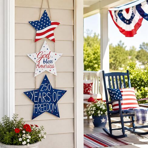 4th of July Patriotic Wreaths for Front Door USA 250th Anniversary Decorations Pentagram Patriotic Wreath Hanging Sign 4th of July Door Hanger for Memorial Independence Day Outdoor Home Wall Decor in Saudi Arabia