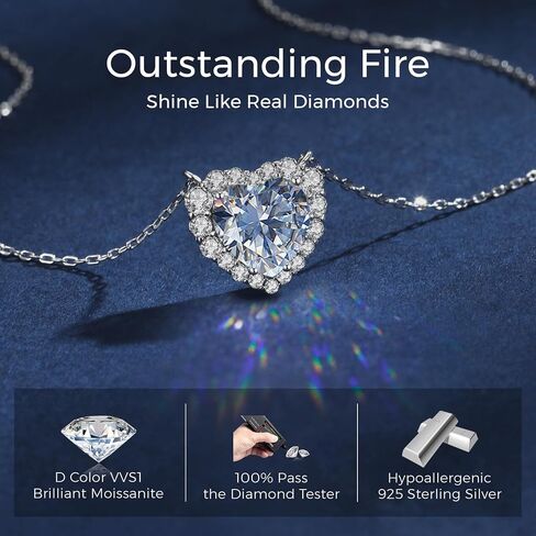 Moissanite Necklace for Women, 2.0 CT 925 Sterling Silver Heart Pendant Necklace, D Color VVS1 Love Necklaces for Wife Girlfriend Mom, Dainty Diamond Jewelry Gift for Birthday Anniversary Wedding in Saudi Arabia