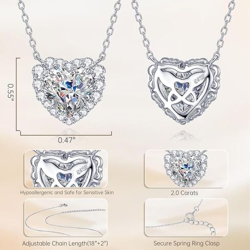 Moissanite Necklace for Women, 2.0 CT 925 Sterling Silver Heart Pendant Necklace, D Color VVS1 Love Necklaces for Wife Girlfriend Mom, Dainty Diamond Jewelry Gift for Birthday Anniversary Wedding in Saudi Arabia