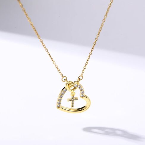 Heart Cross Pendant Necklace for Women Teen Girls, Cubic Zirconia Studded Fashion Jewelry, Minimalist Dainty Gift for Her，first communion necklace for girls in Kuwait