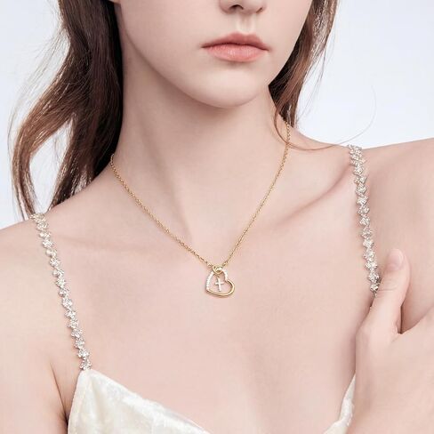 Heart Cross Pendant Necklace for Women Teen Girls, Cubic Zirconia Studded Fashion Jewelry, Minimalist Dainty Gift for Her，first communion necklace for girls in Kuwait