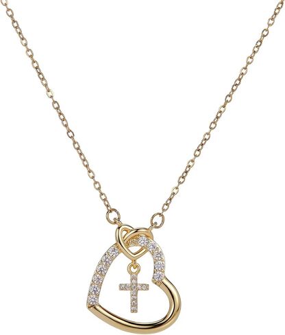 Heart Cross Pendant Necklace for Women Teen Girls, Cubic Zirconia Studded Fashion Jewelry, Minimalist Dainty Gift for Her，first communion necklace for girls in Kuwait