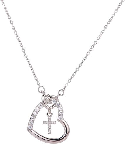 Heart Cross Pendant Necklace for Women Teen Girls, Cubic Zirconia Studded Fashion Jewelry, Minimalist Dainty Gift for Her，first communion necklace for girls in Kuwait