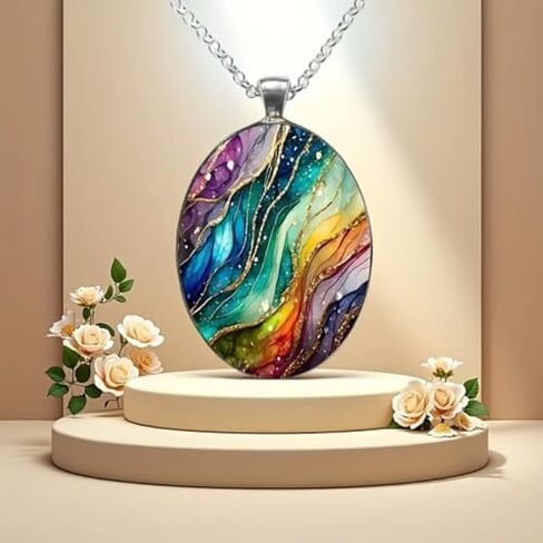 Vintage Dream Wave Oval Pendant Necklace, Colorful Swirl Design, Fashion Jewelry for Women in Kuwait