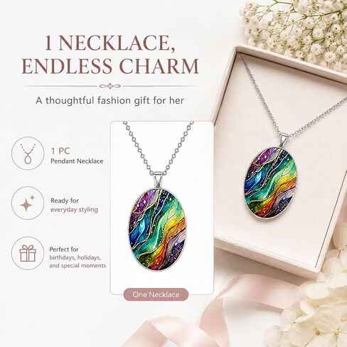 Vintage Dream Wave Oval Pendant Necklace, Colorful Swirl Design, Fashion Jewelry for Women in Kuwait