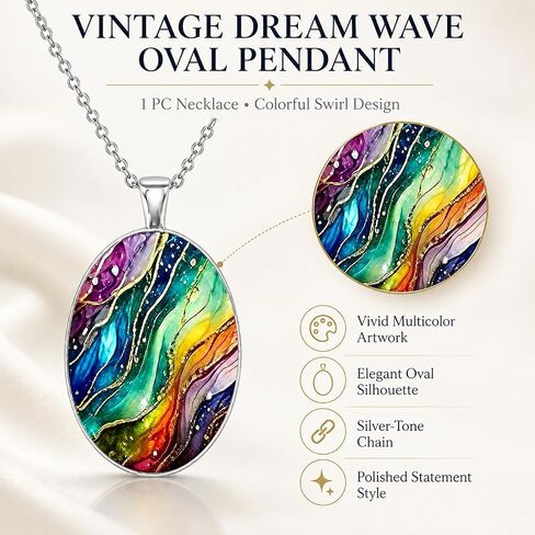 Vintage Dream Wave Oval Pendant Necklace, Colorful Swirl Design, Fashion Jewelry for Women in Kuwait