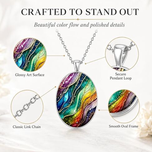 Vintage Dream Wave Oval Pendant Necklace, Colorful Swirl Design, Fashion Jewelry for Women in Kuwait