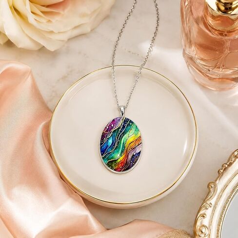 Vintage Dream Wave Oval Pendant Necklace, Colorful Swirl Design, Fashion Jewelry for Women in Kuwait