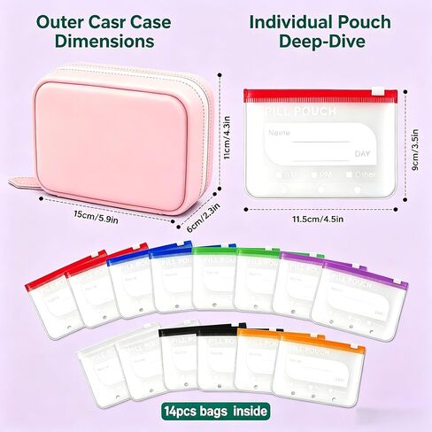 A8 Waterproof Pill Organizer Set, Waterproof Pill Pouch Set, Travel Medicine Organizers,Leakproof Reusable Zippered Storage Case, Compact Daily Pills Holder(14Pcs Pink) in Kuwait
