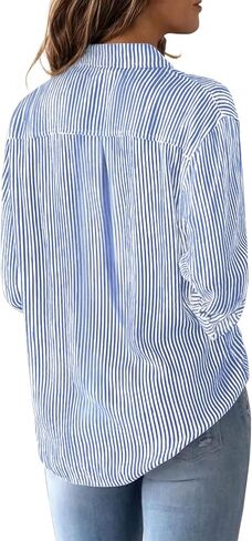 Striped Button Down Shirts for Women Cotton Dress Shirts Long Sleeve Collared Blouses Work Business Casual Tops-Blue and White M in Saudi Arabia