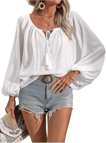 Womens Tops V Neck Tie Front Long Lantern Sleeve Blouse Ruffle Crew Neck Button Down Boho Shirts in Kuwait