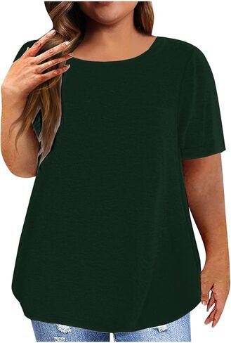 بلايز للمرأة المتضخم بلون Crewneck قمصان عادية كم قصير فضفاض صالح الصيف مريح بلوزة أساسية متدفقة in Kuwait