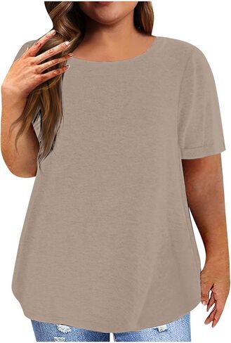 بلايز للمرأة المتضخم بلون Crewneck قمصان عادية كم قصير فضفاض صالح الصيف مريح بلوزة أساسية متدفقة in Kuwait