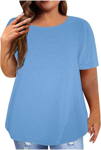 بلايز للمرأة المتضخم بلون Crewneck قمصان عادية كم قصير فضفاض صالح الصيف مريح بلوزة أساسية متدفقة in Kuwait
