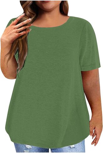 بلايز للمرأة المتضخم بلون Crewneck قمصان عادية كم قصير فضفاض صالح الصيف مريح بلوزة أساسية متدفقة in Kuwait