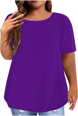 بلايز للمرأة المتضخم بلون Crewneck قمصان عادية كم قصير فضفاض صالح الصيف مريح بلوزة أساسية متدفقة in Kuwait