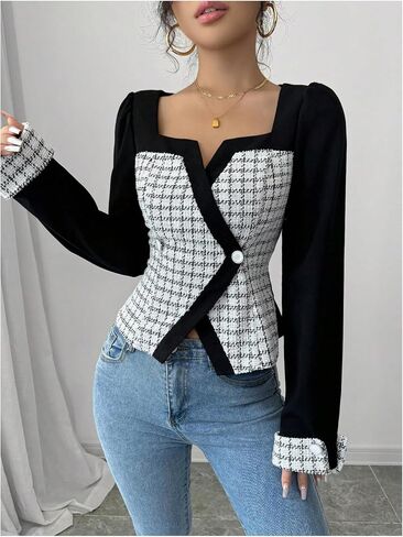 بلوزة SOLY HUX النسائية الكاجوال للعمل بأكمام طويلة وأزرار لأعلى، قمصان أنيقة من التويد للمكتب in Kuwait