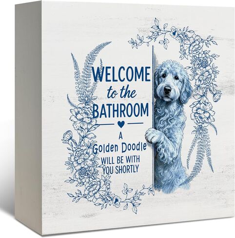 مضحك ديكور الحمام Goldendoodle، هدايا Goldendoodle أبيض وأسود ذهبي خربش الكلب علامة صندوق خشبي، علامات خشبية للحمام المرحاض مرحاض مكافحة الجرف الجدار الديكور 5x5 بوصة in Kuwait
