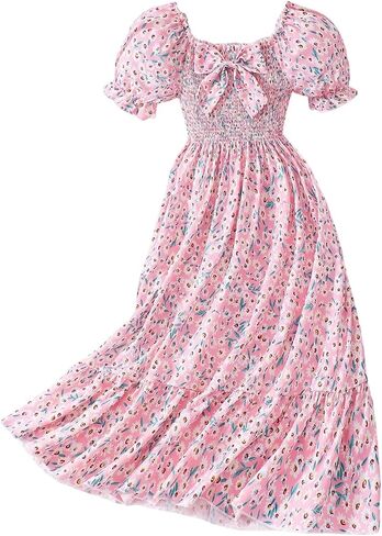 OYOANGLE Girl's Floral Puff Sleeve Maxi Dress Shirred Bow Front Ruffle Hem Flowy A Line Dress in Kuwait