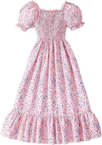 OYOANGLE Girl's Floral Puff Sleeve Maxi Dress Shirred Bow Front Ruffle Hem Flowy A Line Dress in Kuwait