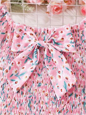 OYOANGLE Girl's Floral Puff Sleeve Maxi Dress Shirred Bow Front Ruffle Hem Flowy A Line Dress in Kuwait