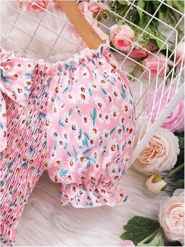 OYOANGLE Girl's Floral Puff Sleeve Maxi Dress Shirred Bow Front Ruffle Hem Flowy A Line Dress in Kuwait