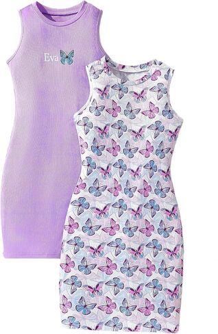 Girls Sleeveless Mini Dress, Butterfly Print Bodycon, 2 Pack, Purple and White, Size 8-12 Years in Kuwait