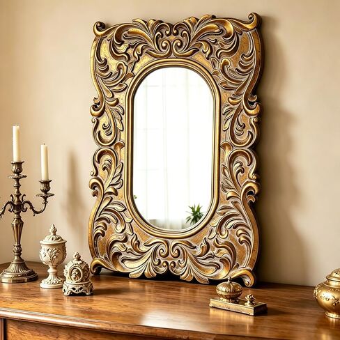 مرآة ذهبية بيضاوية صغيرة عتيقة مقاس 45.72 × 60.96 سم، إطار خشبي معلق بلمسة نهائية متعثرة، مرآة حائط باروكية مزخرفة عتيقة لتزيين مدخل غرفة المعيشة، أفقية أو رأسية in Kuwait