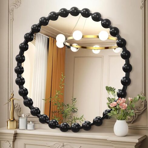 AAZZKANG Round Mirror with Metal Beaded Frame Black Circle Wall Mirrors Large 20" Decorative Modern for Bedroom Living Room Bathroom Entryway Hanging in Kuwait