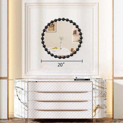 AAZZKANG Round Mirror with Metal Beaded Frame Black Circle Wall Mirrors Large 20" Decorative Modern for Bedroom Living Room Bathroom Entryway Hanging in Kuwait