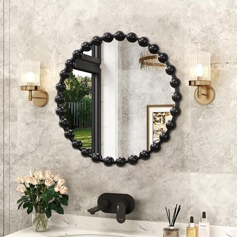 AAZZKANG Round Mirror with Metal Beaded Frame Black Circle Wall Mirrors Large 20" Decorative Modern for Bedroom Living Room Bathroom Entryway Hanging in Kuwait
