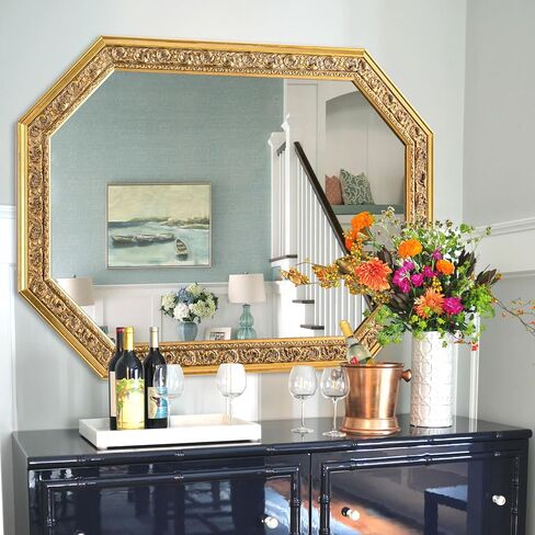 Chende Octagonal Gold Mirror for Wall Decor, 41" L x 29" W Decorative Wall Mirror with Floral Wood Frame, Horizontal/Vertical Hanging, Living Room, Bathroom, Dining Room, Entryway Decor in Saudi Arabia