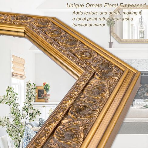 Chende Octagonal Gold Mirror for Wall Decor, 41" L x 29" W Decorative Wall Mirror with Floral Wood Frame, Horizontal/Vertical Hanging, Living Room, Bathroom, Dining Room, Entryway Decor in Saudi Arabia
