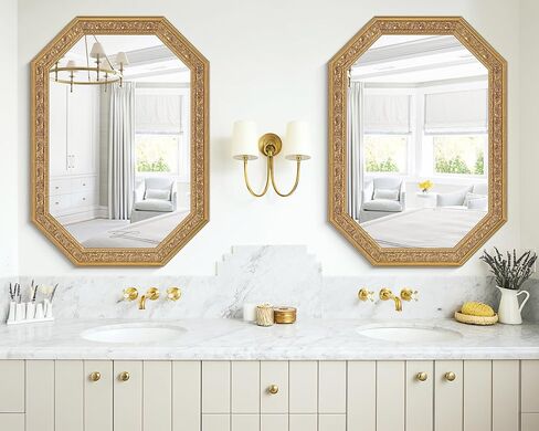 Chende Octagonal Gold Mirror for Wall Decor, 41" L x 29" W Decorative Wall Mirror with Floral Wood Frame, Horizontal/Vertical Hanging, Living Room, Bathroom, Dining Room, Entryway Decor in Saudi Arabia