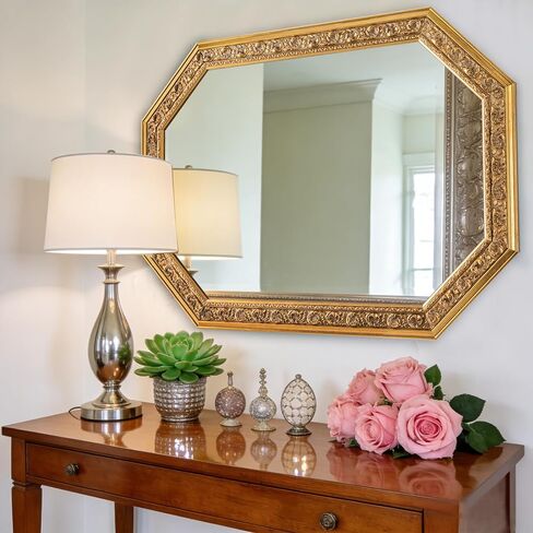 Chende Octagonal Gold Mirror for Wall Decor, 41" L x 29" W Decorative Wall Mirror with Floral Wood Frame, Horizontal/Vertical Hanging, Living Room, Bathroom, Dining Room, Entryway Decor in Saudi Arabia