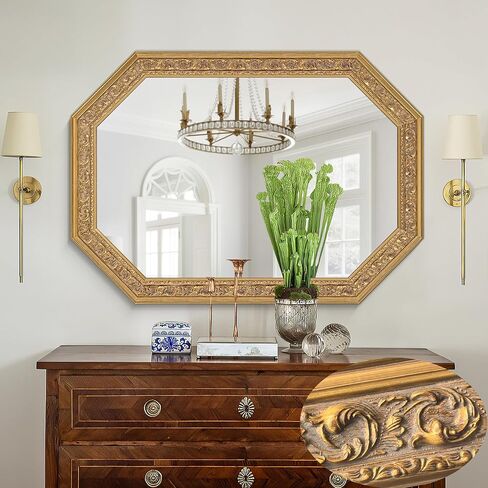 Chende Octagonal Gold Mirror for Wall Decor, 41" L x 29" W Decorative Wall Mirror with Floral Wood Frame, Horizontal/Vertical Hanging, Living Room, Bathroom, Dining Room, Entryway Decor in Saudi Arabia