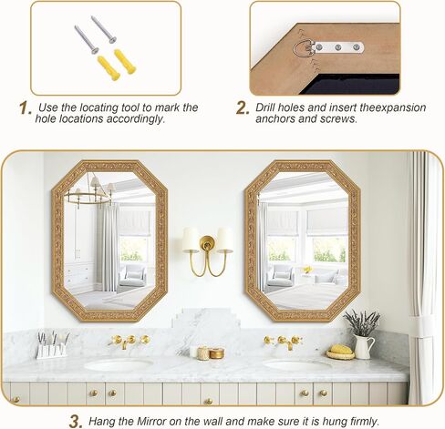 Chende Octagonal Gold Mirror for Wall Decor, 41" L x 29" W Decorative Wall Mirror with Floral Wood Frame, Horizontal/Vertical Hanging, Living Room, Bathroom, Dining Room, Entryway Decor in Saudi Arabia